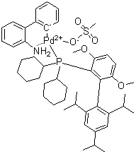 [2'-(Amino)[1,1'-biphenyl]-2-yl][dicyclohexyl[3,6-dimethoxy-2',4',6'-tris(1-methylethyl)[1,1'-biphenyl]-2-yl]phosphine](methanesulfonato)palladium molecular structure (CAS 1470372-59-8)