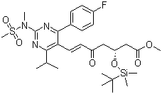 structure of CAS# 147118-38-5, Methyl 7-[4-(4-fluorophenyl)-6-isopropyl-2-(N-methyl-N-methylsulfonylamino)pyrimidine-5-yl]-(3R)-3-(tert-butyldimethylsilyloxy)-5-oxo-(6E)-heptanoate;(3R,6E)-3-[[(1,1-Dimethylethyl)dimethylsilyl]oxy]-7-[4-(4-fluorophenyl)-6-(1-methylethyl)-2-[methyl(methylsulfonyl)amino]-5-pyrimidinyl]-5-oxo-6-heptenoic acid methyl ester