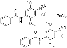 结构式 CAS# 14726-29-5, 固蓝 RR 盐; 4-苯甲酰氨基-2,5-二甲氧基氯化重氮苯氯化锌盐