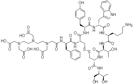 N-[2-[[2-[Bis(carboxymethyl)amino]ethyl](carboxymethyl)amino]ethyl]-N-(carboxymethyl)glycyl-D-phenylalanyl-L-cysteinyl-L-tyrosyl-D-tryptophyl-L-lysyl-L-threonyl-N-[(1R,2R)-2-hydroxy-1-(hydroxymethyl)propyl]-L-cysteinamide cyclic (3→8)-disulfide molecular structure (CAS 147790-81-6)