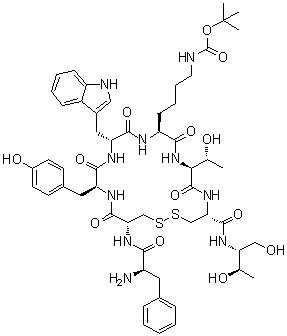 D-Phenylalanyl-L-cysteinyl-L-tyrosyl-D-tryptophyl-N6-[(1,1-dimethylethoxy)carbonyl]-L-lysyl-L-threonyl-N-[(1R,2R)-2-hydroxy-1-(hydroxymethyl)propyl]-L-cysteinamide cyclic (2→7)-disulfide molecular structure (CAS 147790-89-4)
