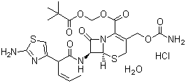 结构式 CAS# 147816-24-8, 盐酸头孢卡品酯; 7-[2-(2-氨基-1,3-噻唑-4-基)戊-3-烯酰胺基]-3-(氨基甲酰氧甲基)-8-氧代-5-硫-1-氮杂双环[4.2.0]辛-2-烯-2-甲酸 2,2-二甲基丙酰氧甲基酯盐酸盐