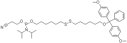 N,N-Bis(1-methylethyl)phosphoramidous acid 6-[[6-[bis(4-methoxyphenyl)phenylmethoxy]hexyl]dithio]hexyl 2-cyanoethyl ester molecular structure (CAS 148254-21-1)