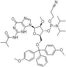 5'-O-(4,4-Dimethoxytrityl)-2'-O-methyl-N-isobutyrylguanosine-3'-(2-cyanoethyl-N,N-diisopropyl)phosphoramidite molecular structure (CAS 150780-67-9)