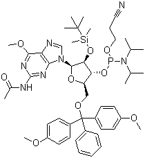 N-Acetyl-5'-O-(4,4-dimethoxytrityl)-2'-O-[(tert-butyl)dimethylsilyl]-6'-O-methylguanosine-3'-(2-cyanoethyl-N,N-diisopropyl)phosphoramidite molecular structure (CAS 153248-58-9)