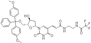 5'-O-[Bis(4-methoxyphenyl)phenylmethyl]-2'-deoxy-5-[3-oxo-3-[[2-[(trifluoroacetyl)amino]ethyl]amino]-1-propenyl]uridine molecular structure (CAS 153512-23-3)