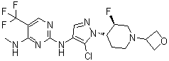结构式 CAS# 1536200-31-3, rel-N2-[5-氯-1-[(3R,4R)-3-氟-1-(3-氧杂环丁基)-4-哌啶基]-1H-吡唑-4-基]-N4-甲基-5-(三氟甲基)-2,4-嘧啶二胺