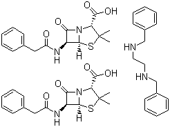 structure of CAS# 1538-09-6, Benzathine benzylpenicillin;N,N'-Dibenzylethylethylenediamine Bis(benzylpenicillin); (2S,5R,6R)-3,3-Dimethyl-7-oxo-6-(2-phenylacetamido)-4-thia-1-azabicyclo[3.2.0]heptane-2-carboxylic acid with N,N'-Dibenzylethylenediamine (2:1)