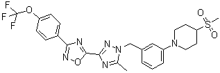 4-Methylsulfonyl-1-[3-[[5-methyl-3-[3-[4-(trifluoromethoxy)phenyl]-1,2,4-oxadiazol-5-yl]-1H-1,2,4-triazol-1-yl]methyl]phenyl]piperidine molecular structure (CAS 1570496-34-2)