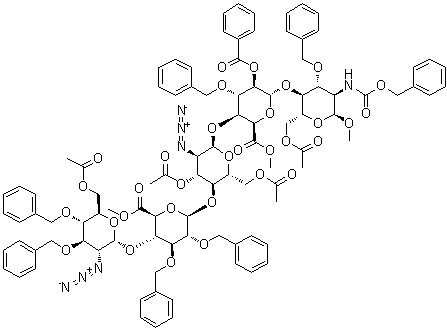 Methyl O-6-O-acetyl-2-azido-2-deoxy-3,4-bis-O-(phenylmethyl)-alpha-D-glucopyranosyl-(1→4)-O-6-methyl-2,3-bis-O-(phenylmethyl)-beta-D-glucopyranuronosyl-(1→4)-O-3,6-di-O-acetyl-2-azido-2-deoxy-alpha-D-glucopyranosyl-(1→4)-O-2-O-benzoyl-6-methyl-3-O-(phenylmethyl)-alpha-L-idopyranuronosyl-(1→4)-2-deoxy-2-[[(phenylmethoxy)carbonyl]amino]-3-O-(phenylmethyl)-alpha-D-glucopyranoside 6-acetate molecular structure (CAS 1572360-01-0)