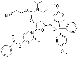 N-Benzoyl-5'-O-[bis(4-methoxyphenyl)phenylmethyl]-3'-deoxycytidine 2'-[2-cyanoethyl bis(1-methylethyl)phosphoramidite] molecular structure (CAS 157327-96-3)