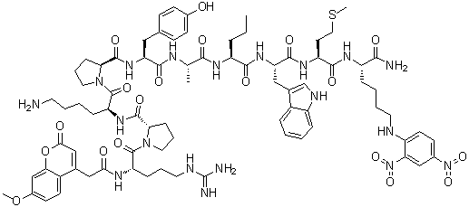 structure of CAS# 158584-08-8, N2-[2-(7-Methoxy-2-oxo-2H-1-benzopyran-4-yl)acetyl]-L-arginyl-L-prolyl-L-lysyl-L-prolyl-L-tyrosyl-L-alanyl-L-norvalyl-L-tryptophyl-L-methionyl-N6-(2,4-dinitrophenyl)-L-lysinamide