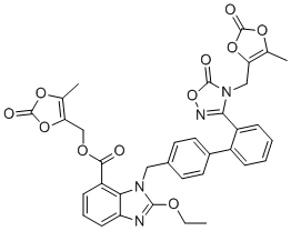 structure of CAS# 1604812-35-2, Azilsartan Impurity R;(5-methyl-2-oxo-1,3-dioxol-4-yl)methyl 2-ethoxy-3-[[4-[2-[4-[(5-methyl-2-oxo-1,3-dioxol-4-yl)methyl]-5-oxo-1,2,4-oxadiazol-3-yl]phenyl]phenyl]methyl]benzimidazole-4-carboxylate