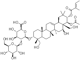 (3beta,4beta,16alpha,21beta,22alpha)-22-(acetyloxy)-16,23,28-trihydroxy-21-[[(2E)-2-methyl-1-oxo-2-buten-1-yl]oxy]olean-12-en-3-yl 2-O-beta-D-glucopyranosyl-beta-D-Glucopyranosiduronic acid molecular structure (CAS 1613506-26-5)