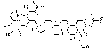 (3beta,4alpha,16alpha,21beta,22alpha)-28-(Acetyloxy)-16,22,23-trihydroxy-21-[[(2E)-2-methyl-1-oxo-2-buten-1-yl]oxy]olean-12-en-3-yl 2-O-beta-D-glucopyranosyl-beta-D-glucopyranosiduronic acid molecular structure (CAS 1613506-28-7)