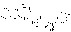structure of CAS# 1613724-42-7, 5,13-Dihydro-4,5,13-trimethyl-2-[[1-(4-piperidinyl)-1H-pyrazol-4-yl]amino]-6H-naphtho[2,3-e]pyrimido[5,4-b][1,4]diazepin-6-one