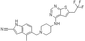 structure of CAS# 1628317-18-9, 4-Methyl-5-[[4-[[6-(2,2,2-trifluoroethyl)thieno[2,3-d]pyrimidin-4-yl]amino]-1-piperidinyl]methyl]-1H-indole-2-carbonitrile;MI 463