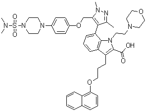 structure of CAS# 1668553-26-1, 7-[5-[[4-[4-[(Dimethylamino)sulfonyl]-1-piperazinyl]phenoxy]methyl]-1,3-dimethyl-1H-pyrazol-4-yl]-1-[2-(4-morpholinyl)ethyl]-3-[3-(1-naphthalenyloxy)propyl]-1H-indole-2-carboxylic acid