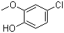 structure of CAS# 16766-30-6, 2-Methoxy-4-chlorophenol;4-Chloro-2-methoxyphenol; 4-Chloroguaiacol; p-Chloroguaiacol