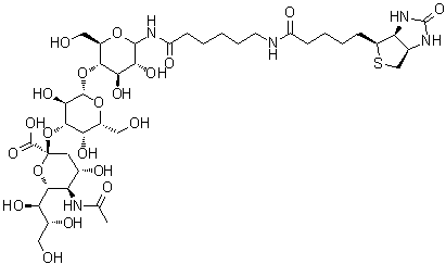 [3aS-(3aalpha,4beta,6aalpha)]-N-[6-[[O-(N-Acetyl-alpha-neuraminosyl)-(2→3)-O-beta-D-galactopyranosyl-(1→4)-D-glucopyranosyl]amino]-6-oxohexyl]hexahydro-2-oxo-1H-thieno[3,4-d]imidazole-4-pentanamide molecular structure (CAS 168636-53-1)