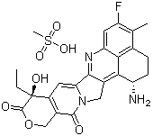 structure of CAS# 169869-90-3, Exatecan mesylate;DX 8951f; (10S,23S)-23-amino-10-ethyl-18-fluoro-10-hydroxy-19-methyl-8-oxa-4,15-diazahexacyclo[14.7.1.02,14.04,13.06,11.020,24]tetracosa-1,6(11),12,14,16,18,20(24)-heptaene-5,9-dione;methanesulfonic acid