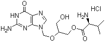 结构式 CAS# 175865-59-5, 缬更昔洛韦盐酸盐; (S)-2-氨基-3-甲基丁酸 (R,S)-2-[(2-氨基-6-氧代-1,6-二氢-9H-嘌呤-9-基)甲氧基]-3-羟基丙酯盐酸盐