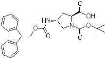 structure of CAS# 176486-63-8, N-Boc-trans-4-N-Fmoc-amino-L-proline;Fmoc-ABPC(2S,4R)-OH; (2S,4R)-4-(((9H-Fluoren-9-yl)methoxy)carbonylamino)-1-(tert-butoxycarbonyl)pyrrolidine-2-carboxylic acid
