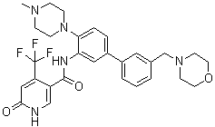 structure of CAS# 1801787-56-3, 1,6-Dihydro-N-[4-(4-methyl-1-piperazinyl)-3'-(4-morpholinylmethyl)[1,1'-biphenyl]-3-yl]-6-oxo-4-(trifluoromethyl)-3-pyridinecarboxamide;OICR 9429
