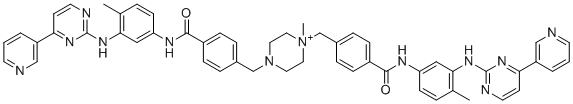 structure of CAS# 1821122-73-9, Imatinib EP impurity D;4-[[4-methyl-4-[[4-[[4-methyl-3-[(4-pyridin-3-ylpyrimidin-2-yl)amino]phenyl]carbamoyl]phenyl]methyl]piperazin-4-ium-1-yl]methyl]-N-[4-methyl-3-[(4-pyridin-3-ylpyrimidin-2-yl)amino]phenyl]benzamide