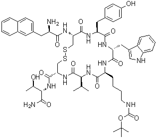 3-(2-萘基)-D-丙氨酰-L-半胱氨酰-L-酪氨酰-D-色氨酰-N6-[(1,1-二甲基乙氧基)羰基]-L-赖氨酰-L-缬氨酰-L-半胱氨酰-L-苏氨酰胺环(2→7)-二硫醚分子结构 (CAS 182482-12-8)