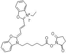 2-[3-[3-[6-[(2,5-Dioxo-1-pyrrolidinyl)oxy]-6-oxohexyl]-2(3H)-benzoxazolylidene]-1-propenyl]-3-ethylbenzoxazolium iodide molecular structure (CAS 186205-33-4)