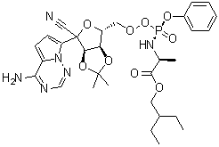 2-Ethylbutyl (2S)-2-[[[(3aR,4R,6R,6aR)-4-(4-aminopyrrolo[2,1-f][1,2,4]triazin-7-yl)-4-cyano-2,2-dimethyl-6,6a-dihydro-3aH-furo[3,4-d][1,3]dioxol-6-yl]methoxy-phenoxyphosphoryl]amino]propanoate molecular structure (CAS 1884576-18-4)