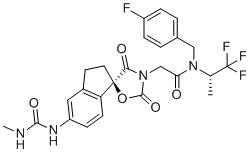 structure of CAS# 1889279-16-6, A-485;N-(4-Fluorobenzyl)-2-((R)-5-(3-methylureido)-2',4'-dioxo-2,3-dihydrospiro[indene-1,5'-oxazolidin]-3'-yl)-N-((S)-1,1,1-trifluoropropan-2-yl)acetamide