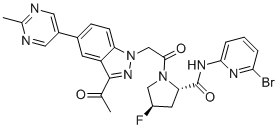 结构式 CAS# 1903768-17-1, (2S,4R)-1-[2-[3-乙酰基-5-(2-甲基-5-嘧啶基)-1H-吲唑-1-基]乙酰基]-N-(6-溴-2-吡啶基)-4-氟-2-吡咯烷甲酰胺