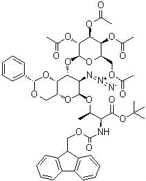 O-[2-Azido-2-deoxy-4,6-O-[(S)-phenylmethylene]-3-O-(2,3,4,6-tetra-O-acetyl-beta-D-galactopyranosyl)-alpha-D-galactopyranosyl]-N-[(9H-fluoren-9-ylmethoxy)carbonyl]-L-threonine 1,1-dimethylethyl ester molecular structure (CAS 195976-08-0)
