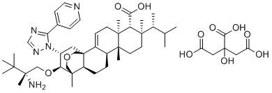 structure of CAS# 1965291-08-0, Ibrexafungerp Citrate;(1R,5S,6R,7R,10R,11R,14R,15S,20R,21R)-21-[(2R)-2-amino-2,3,3-trimethylbutoxy]-5,7,10,15-tetramethyl-7-[(2R)-3-methylbutan-2-yl]-20-(5-pyridin-4-yl-1,2,4-triazol-1-yl)-17-oxapentacyclo[13.3.3.01,14.02,11.05,10]henicos-2-ene-6-carboxylic acid;2-hydroxypropane-1,2,3-tricarboxylic acid