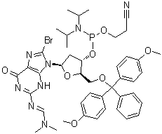5'-O-[Bis(4-methoxyphenyl)phenylmethyl]-8-bromo-2'-deoxy-N-[(dimethylamino)methylene]-guanosine 3'-[2-cyanoethyl bis(1-methylethyl)phosphoramidite] molecular structure (CAS 198080-37-4)