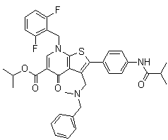 7-[(2,6-Difluorophenyl)methyl]-4,7-dihydro-2-[4-[(2-methyl-1-oxopropyl)amino]phenyl]-3-[[methyl(phenylmethyl)amino]methyl]-4-oxothieno[2,3-b]pyridine-5-carboxylic acid 1-methylethyl ester molecular structure (CAS 199119-18-1)