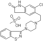 结构式 CAS# 199191-69-0, 甲磺酸齐拉西酮; 5-(2-(4-(1,2-苯并异噻唑-3-基)-1-哌嗪基)乙基)-6-氯-1,3-二氢-2(1H)-吲哚-2-酮甲磺酸盐