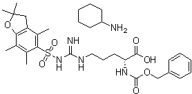 结构式 CAS# 200191-00-0, N5-[[[(2,3-二氢-2,2,4,6,7-五甲基-5-苯并呋喃基)磺酰基]氨基]亚氨基甲基]-N2-[苄氧羰基]-D-鸟氨酸环己基铵盐