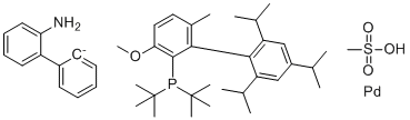 [2'-(amino-κN)[1,1'-biphenyl]-2-yl-κC][bis(1,1-dimethylethyl)[3-methoxy-6-methyl-2',4',6'-tris(1-methylethyl)[1,1'-biphenyl]-2-yl]phosphine-κP](methanesulfonato-κO)-Palladium molecular structure (CAS 2009020-38-4)