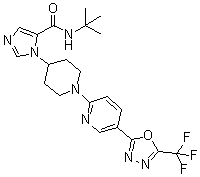 structure of CAS# 2012607-27-9, N-(1,1-Dimethylethyl)-1-[1-[5-[5-(trifluoromethyl)-1,3,4-oxadiazol-2-yl]-2-pyridinyl]-4-piperidinyl]-1H-imidazole-5-carboxamide;WNK 463