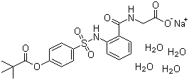 结构式 CAS# 201677-61-4, 西维来司钠; N-[2-[[[4-(2,2-二甲基-1-氧代丙氧基)苯基]磺酰]氨基]苯甲酰]-(S)-甘氨酸单钠盐四水合物