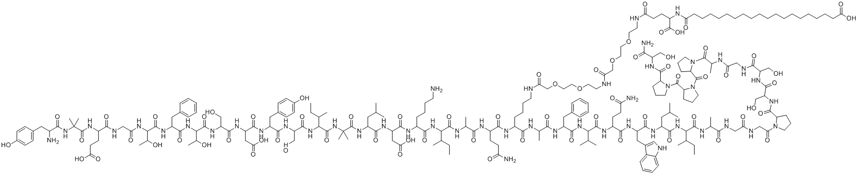 structure of CAS# 2023788-19-2, Tirzepatide;LY 3298176; LY3298176; 20-[[4-[2-[2-[2-[2-[2-[2-[[5-[[5-amino-2-[2-[[2-[[6-amino-2-[[2-[[2-[[2-[[2-[[2-[[2-[[2-[[2-[[2-[[2-[[2-[[2-[[2-[[2-[[2-amino-3-(4-hydroxyphenyl)propanoyl]amino]-2-methylpropanoyl]amino]-4-carboxybutanoyl]amino]acetyl]amino]-3-hydroxybutanoyl]amino]-3-phenylpropanoyl]amino]-3-hydroxybutanoyl]amino]-3-hydroxypropanoyl]amino]-3-carboxypropanoyl]amino]-3-(4-hydroxyphenyl)propanoyl]amino]-3-hydroxypropanoyl]amino]-3-methylpentanoyl]amino]-2-methylpropanoyl]amino]-4-methylpentanoyl]amino]-3-carboxypropanoyl]amino]hexanoyl]amino]-3-methylpentanoyl]amino]propanoylamino]-5-oxopentanoyl]amino]-6-[[1-[[1-[[1-[[5-amino-1-[[1-[[1-[[1-[[1-[[2-[[2-[2-[[1-[[1-[[2-[[1-[2-[2-[2-[(1-amino-3-hydroxy-1-oxopropan-2-yl)carbamoyl]pyrrolidine-1-carbonyl]pyrrolidine-1-carbonyl]pyrrolidin-1-yl]-1-oxopropan-2-yl]amino]-2-oxoethyl]amino]-3-hydroxy-1-oxopropan-2-yl]amino]-3-hydroxy-1-oxopropan-2-yl]carbamoyl]pyrrolidin-1-yl]-2-oxoethyl]amino]-2-oxoethyl]amino]-1-oxopropan-2-yl]amino]-3-methyl-1-oxopentan-2-yl]amino]-4-methyl-1-oxopentan-2-yl]amino]-3-(1H-indol-3-yl)-1-oxopropan-2-yl]amino]-1,5-dioxopentan-2-yl]amino]-3-methyl-1-oxobutan-2-yl]amino]-1-oxo-3-phenylpropan-2-yl]amino]-1-oxopropan-2-yl]amino]-6-oxohexyl]amino]-2-oxoethoxy]ethoxy]ethylamino]-2-oxoethoxy]ethoxy]ethylamino]-1-carboxy-4-oxobutyl]amino]-20-oxoicosanoic acid