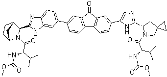 N-[(1S)-1-[[(6S)-6-[5-[7-[2-[(1R,3S,4S)-2-[(2S)-2-[(Methoxycarbonyl)amino]-3-methyl-1-oxobutyl]-2-azabicyclo[2.2.1]hept-3-yl]-1H-benzimidazol-6-yl]-9-oxo-9H-fluoren-2-yl]-1H-imidazol-2-yl]-5-azaspiro[2.4]hept-5-yl]carbonyl]-2-methylpropyl]carbamic acid methyl ester molecular structure (CAS 2040487-43-0)