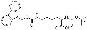 structure of CAS# 2044709-88-6, N2-[(1,1-Dimethylethoxy)carbonyl]-N6-[(9H-fluoren-9-ylmethoxy)carbonyl]-N2-methyl-D-lysine