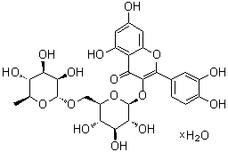 3-[[6-O-(6-脱氧-alpha-L-甘露糖基)-beta-D-吡喃葡萄糖基]氧基]-2-(3,4-二羟基苯基)-5,7-二羟基-4H-1-苯并吡喃-4-酮水合物分子结构 (CAS 207671-50-9)