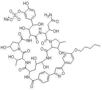 structure of CAS# 208538-73-2, Micafungin sodium;Mycamine; FK 463; sodium [5-[(1S,2S)-2-[(3S,6S,9S,11R,15S,18S,20R,21R,24S,25S,26S)-3-[(1R)-3-amino-1-hydroxy-3-oxopropyl]-11,20,21,25-tetrahydroxy-15-[(1R)-1-hydroxyethyl]-26-methyl-2,5,8,14,17,23-hexaoxo-18-[[4-[5-(4-pentoxyphenyl)-1,2-oxazol-3-yl]benzoyl]amino]-1,4,7,13,16,22-hexazatricyclo[22.3.0.09,13]heptacosan-6-yl]-1,2-dihydroxyethyl]-2-hydroxyphenyl] sulfate