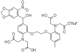 N-[2-[2-[2-[Bis(carboxymethyl)amino]-5-[hydroxy(6-nitro-1,3-benzodioxol-5-yl)methyl]phenoxy]ethoxy]-4-methylphenyl]-N-(carboxymethyl)glycine sodium salt molecular structure (CAS 208709-26-6)