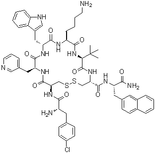 4-Chloro-L-phenylalanyl-D-cysteinyl-3-(3-pyridinyl)-L-alanyl-D-tryptophyl-L-lysyl-3-methyl-L-valyl-L-cysteinyl-3-(2-naphthalenyl)-L-alaninamide cyclic (2→7)-disulfide molecular structure (CAS 209006-18-8)